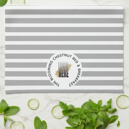 Modern Gray Striped with Business Name and Logo Kitchen Towel