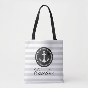 Modern Gray Stripes Nautical Anchor Tote Bag