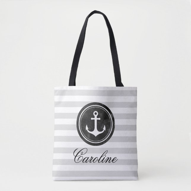 Modern  Gray Stripes Nautical Anchor Tote Bag (Front)