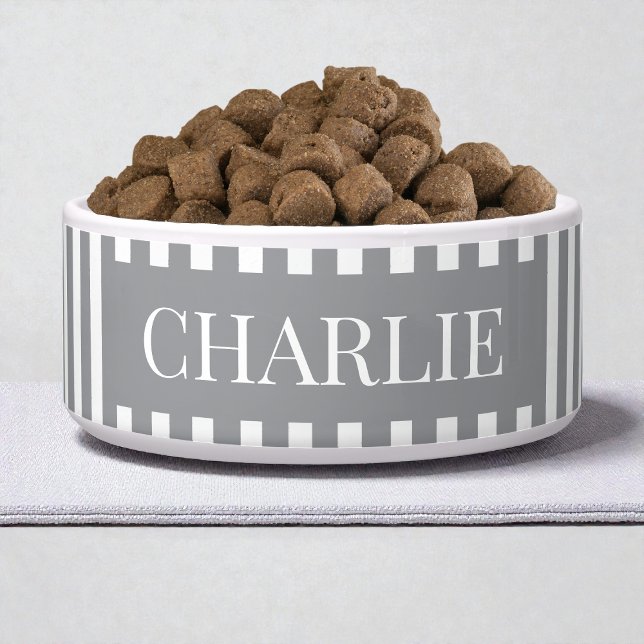 Modern Gray Stripes Pattern Personalized Dog Pet Bowl (Modern Gray Stripes Pattern Personalized Dog Pet Bowl)