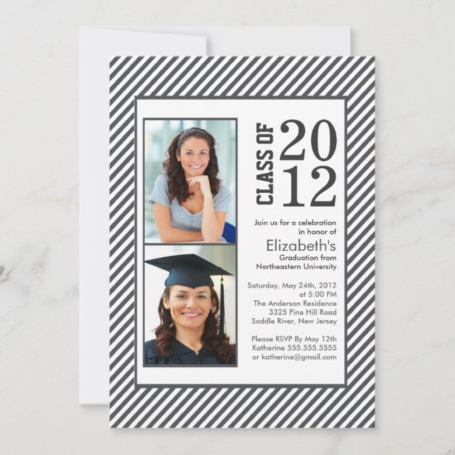 Modern Gray Stripes Photo Graduation invitation (Front)