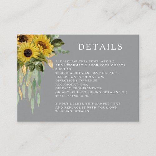 Modern Gray Sunflower Wedding Details  Enclosure Card