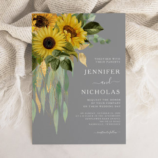Modern Gray Sunflowers Wedding Invitation