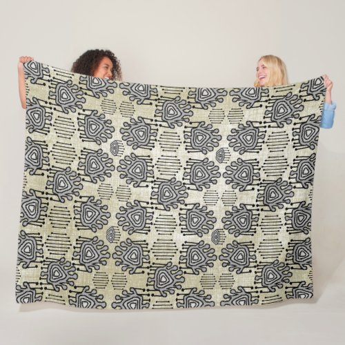 Modern Gray Tan Retro Tribal Dots iKat Pattern Fleece Blanket