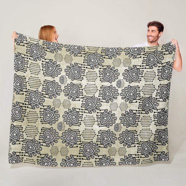 Modern Gray Tan Retro Tribal Dots iKat Pattern Fleece Blanket (In Situ)