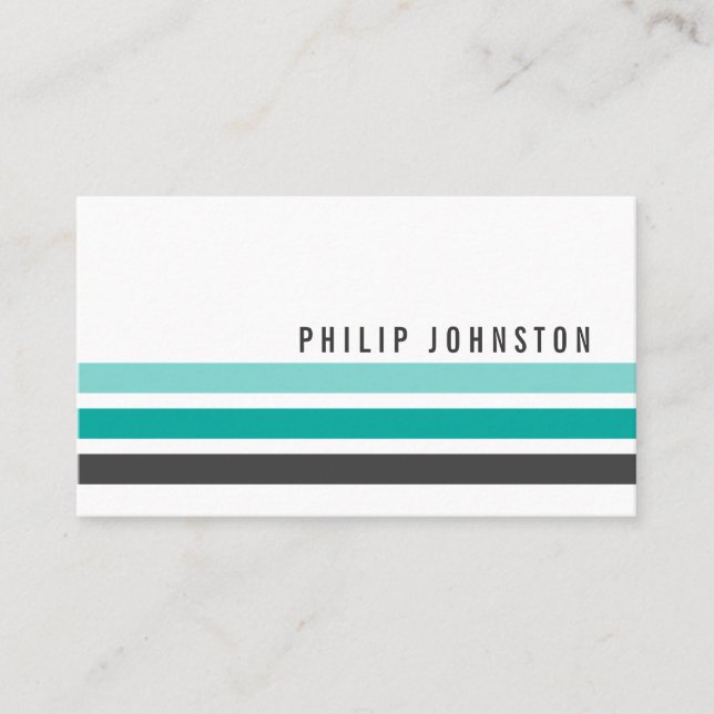 Modern gray teal aqua blue stripes stylish white business card (Front)