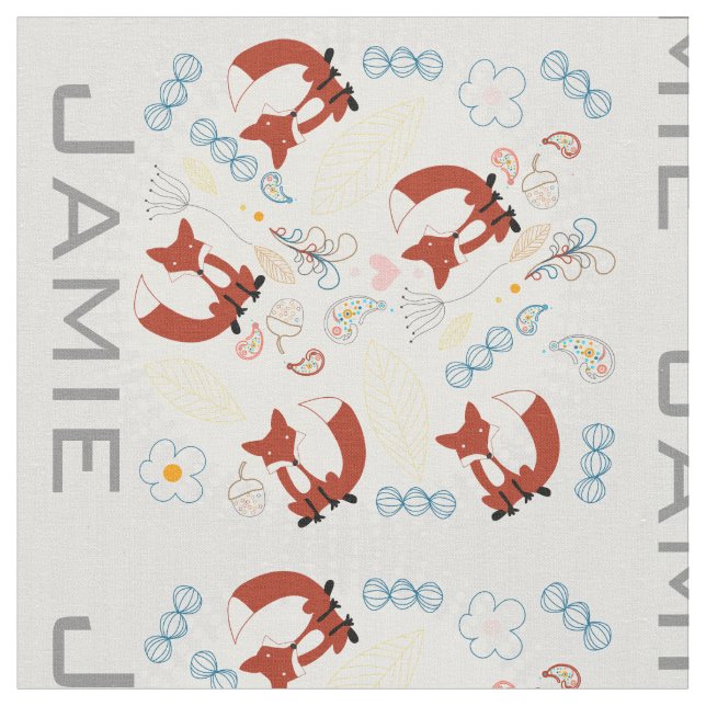 Modern Gray Teal Orange Personalized Fox Pattern Fabric (Close Up)