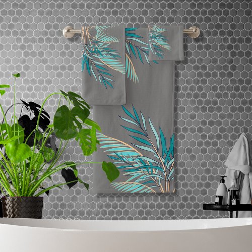 Modern Gray Teal Palm Leaves Beach Bathroom Bath Towel Set