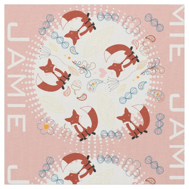 Modern Gray Teal Pink Personalized Fox Pattern Fabric (Close Up)