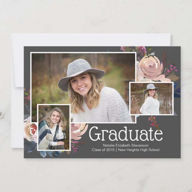 Modern Gray Three Photo Floral Graduation Party Invitation (Front)