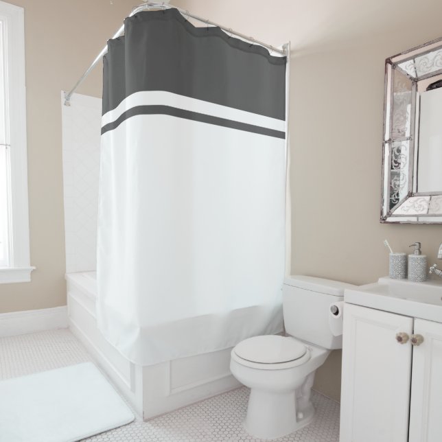 Modern Gray Top Racing Stripes On Modern White Shower Curtain (In Situ)