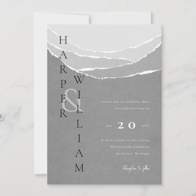 modern gray torn paper mountains wedding invitatio invitation (Front)