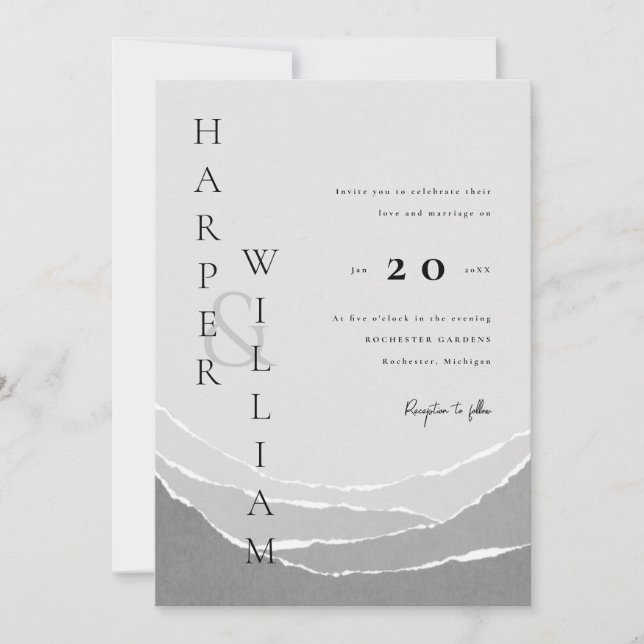 modern gray torn paper mountains wedding invitation (Front)