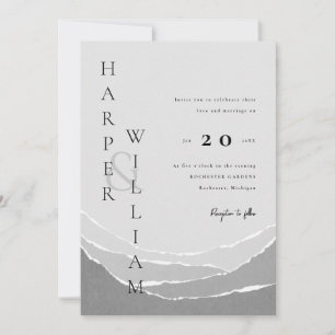 modern gray torn paper mountains wedding invitation