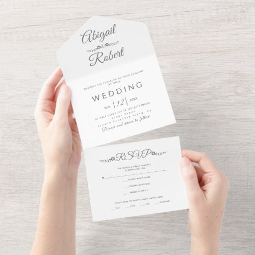 Modern gray typography on white wedding  all in one invitation