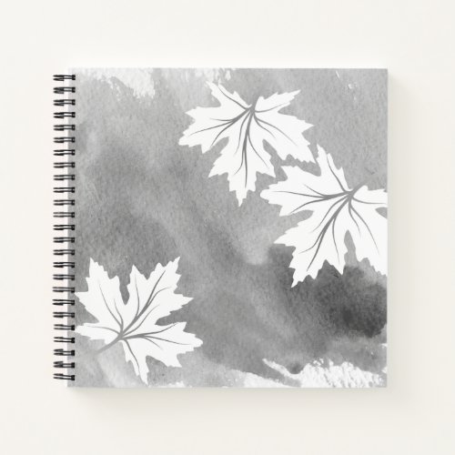 Modern gray watercolor and white maple leaves notebook