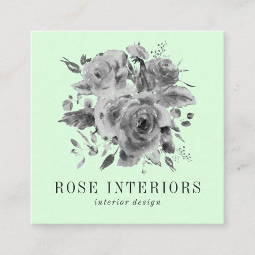 Modern gray watercolor flowers roses mint green square business card