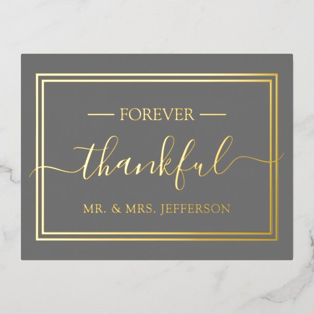 Modern Gray Wedding Mr. & Mrs. Thank You Foil Invitation Postcard (Front)
