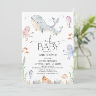 Modern Gray Whale Oh Baby Under Sea Baby Shower Invitation