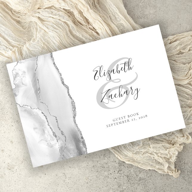 Modern Gray White Agate Silver Script Guest Book (Creator Uploaded)