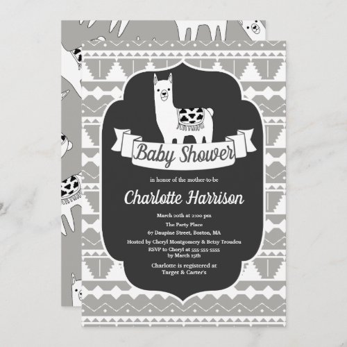 Modern Gray  White Aztec Llamas Baby Shower Invitation