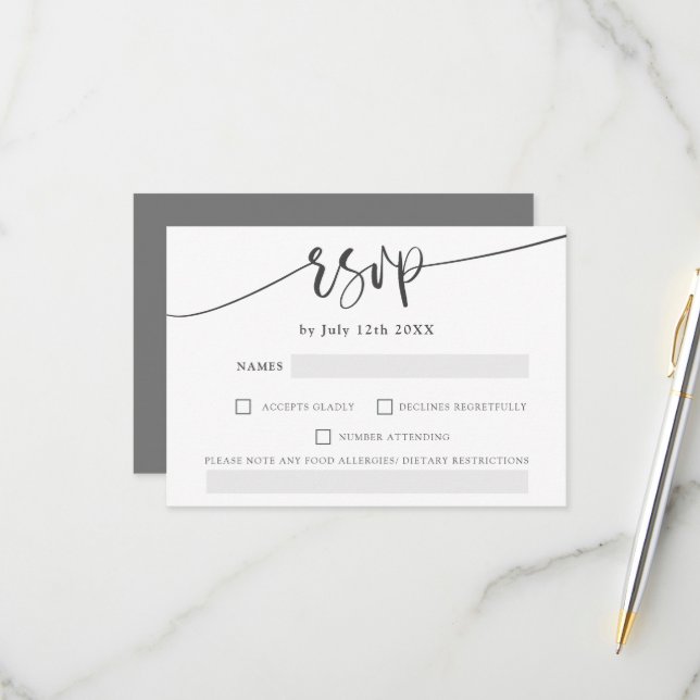 Modern gray white bold script elegant rsvp wedding card (Front/Back In Situ)