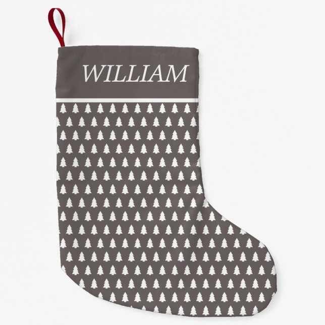 Modern Gray White Christmas Tree Pattern Name Small Christmas Stocking (Front)