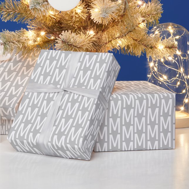 Modern gray white custom monogram initial pattern wrapping paper (Holidays)
