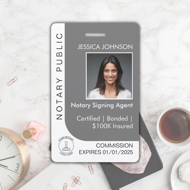 Modern Gray & White Custom Notary Photo ID   Badge (Creator Uploaded)