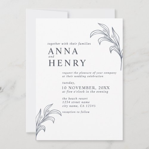 Modern Gray White Eucalyptus Illustration Wedding  Invitation