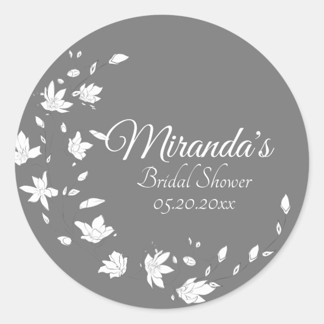 Modern Gray & White Floral Bridal Shower Classic Round Sticker (Front)