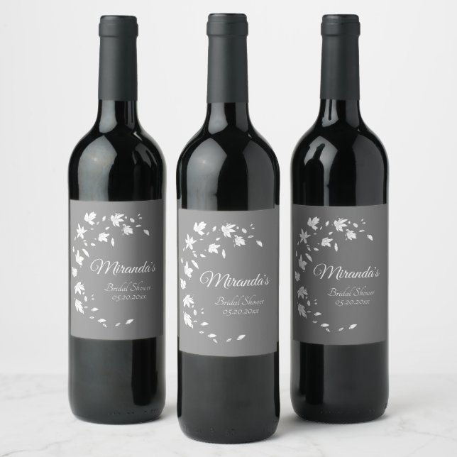 Modern Gray & White Floral Bridal Shower Wine Label (Bottles)
