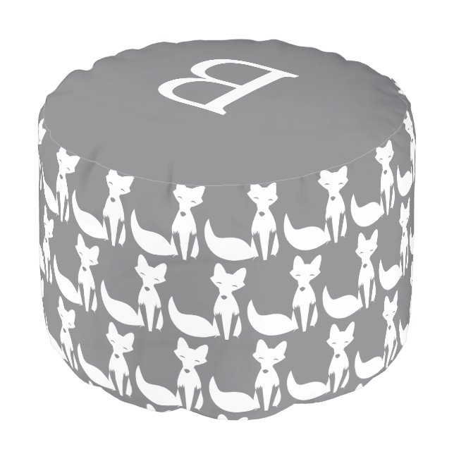 Modern Gray White Fox Pattern Monogram Pouf (Angled Front)
