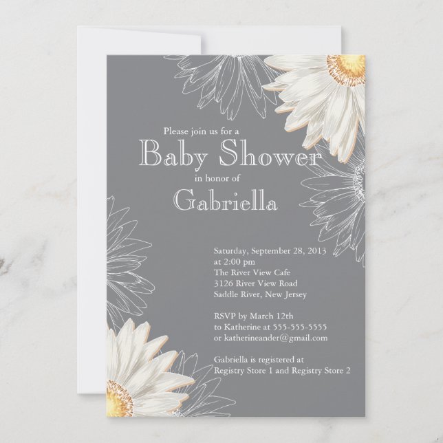 Modern Gray & White Gerbera Daisy Baby Shower Invitation (Front)
