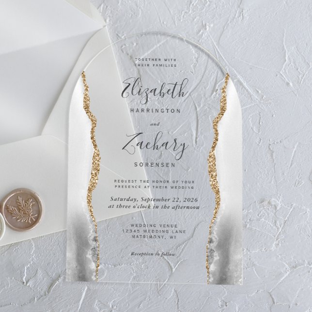 Modern Gray White Gold Agate Arch Wedding Acrylic Invitations (Creator Uploaded)