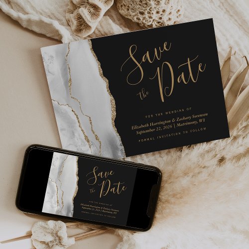 Modern Gray White Gold Agate Dark Save the Date Invitation