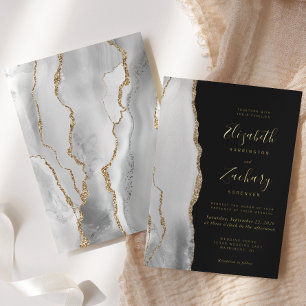 Modern Gray White Gold Agate Dark Wedding Foil Invitation