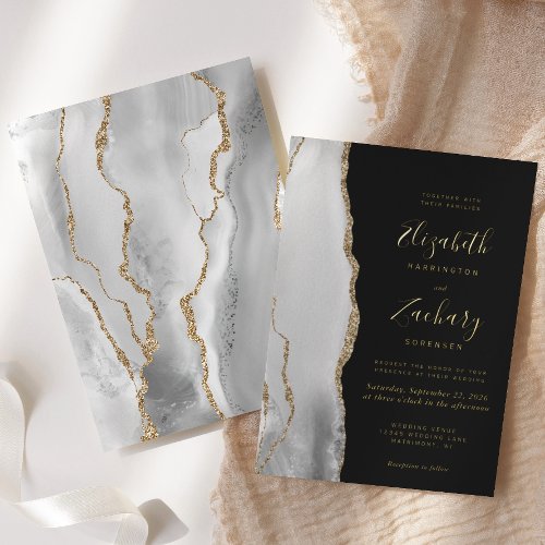 Modern Gray White Gold Agate Dark Wedding Foil Invitation