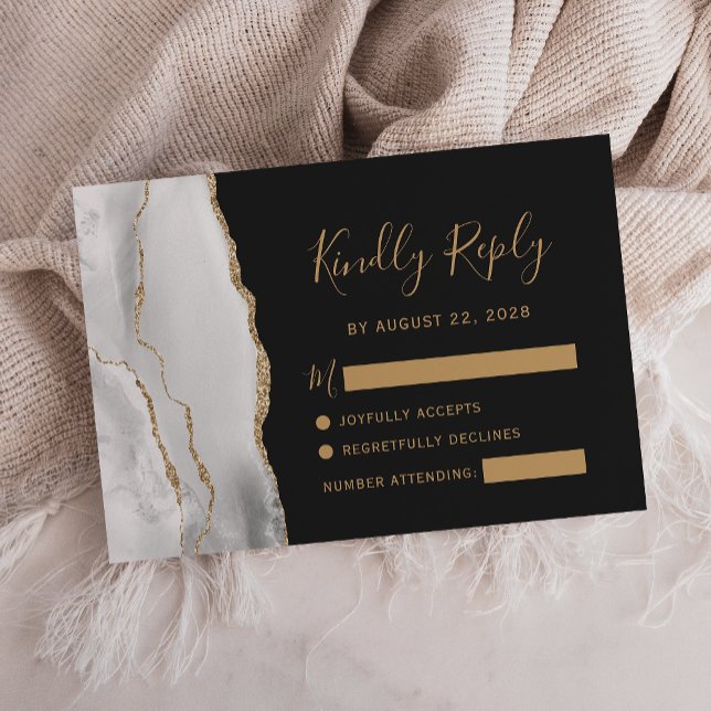 Modern Gray White Gold Agate Dark Wedding RSVP Card (Creator Uploaded)