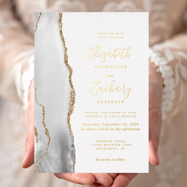 Modern Gray White Gold Agate Wedding Foil Invitation (Creator Uploaded)