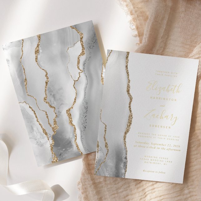 Modern Gray White Gold Agate Wedding Foil Invitation (Creator Uploaded)