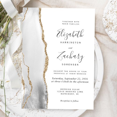Modern Gray White Gold Agate Wedding Invitation