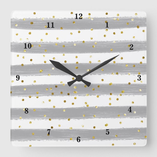 Modern Gray, White, Gold Stripes, Confetti Clock (Front)