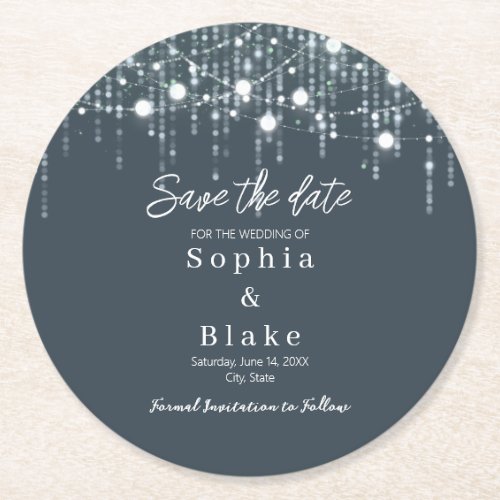 Modern Gray  White Hanging Lights Save the Date Round Paper Coaster