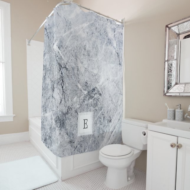 Modern gray white marble stone pattern monogram shower curtain (In Situ)