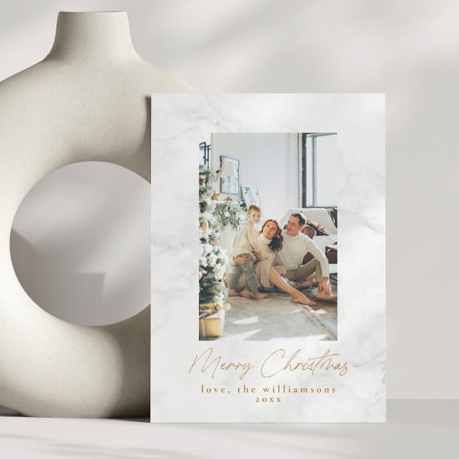 Modern Gray White Marble Two Photo Christmas Holiday Card (Creator Uploaded)