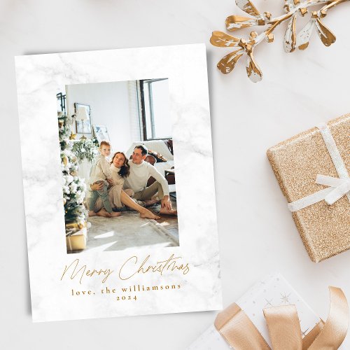 Modern Gray White Marble Two Photo Christmas Holiday Card