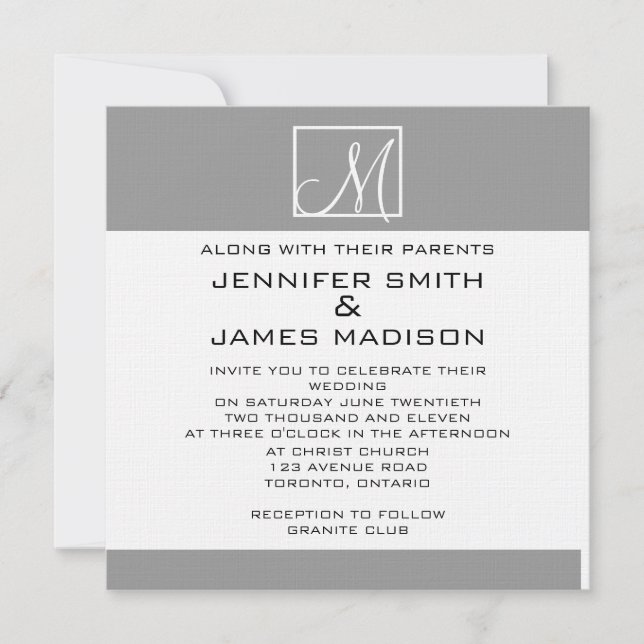 Modern Gray White Monogram Wedding Invitation (Front)