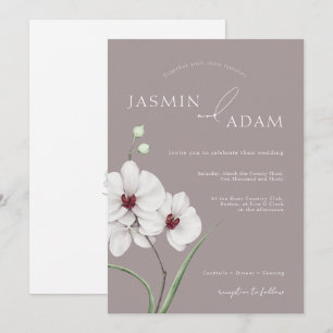 Modern Gray White Orchid Initials Wedding Invitation
