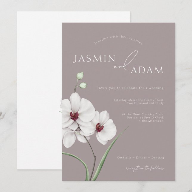 Modern Gray White Orchid Initials Wedding Invitation (Front/Back)